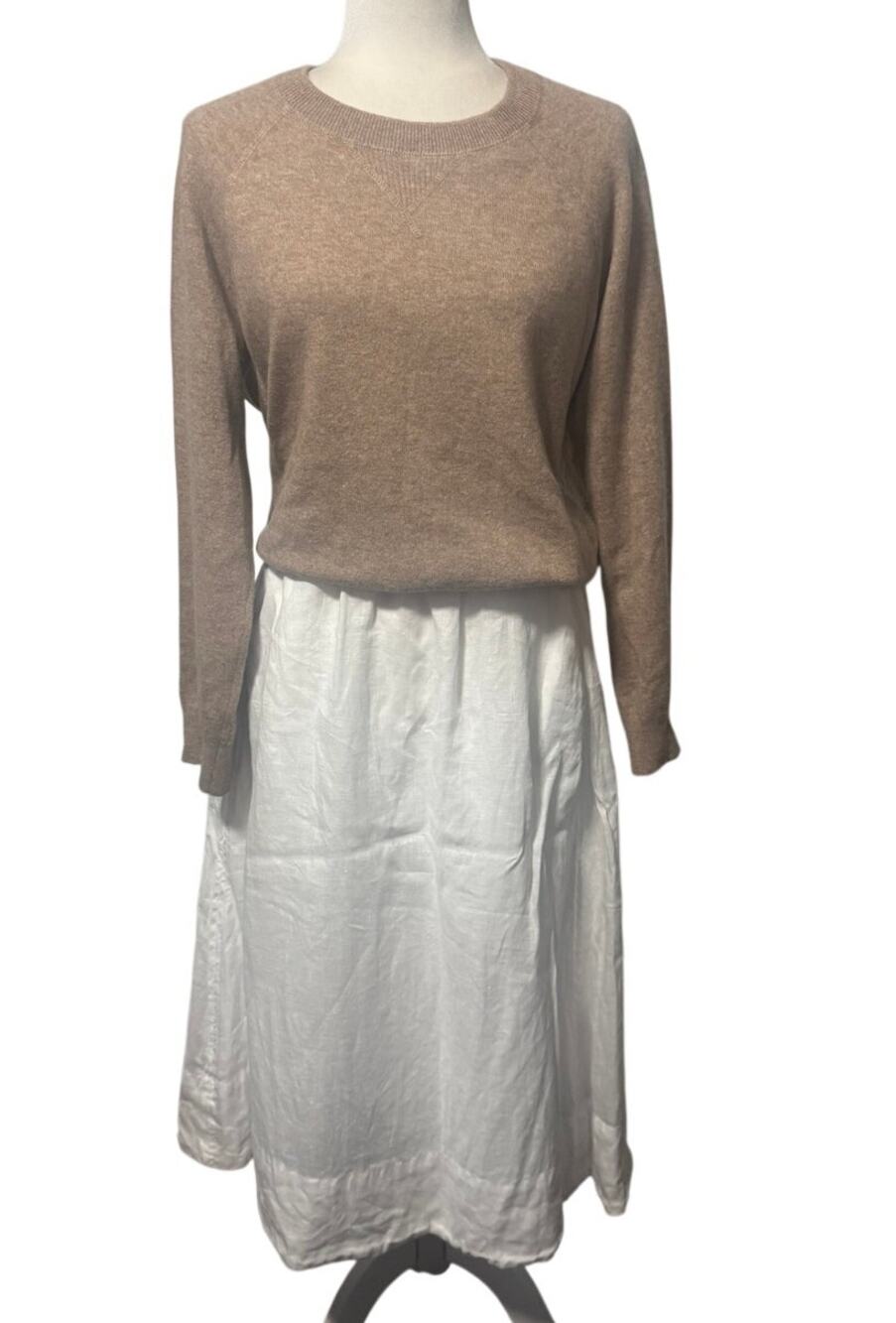 Alex Mill White Linen Midi Skirt with Elastic Waist, Cotton Lined, Size S